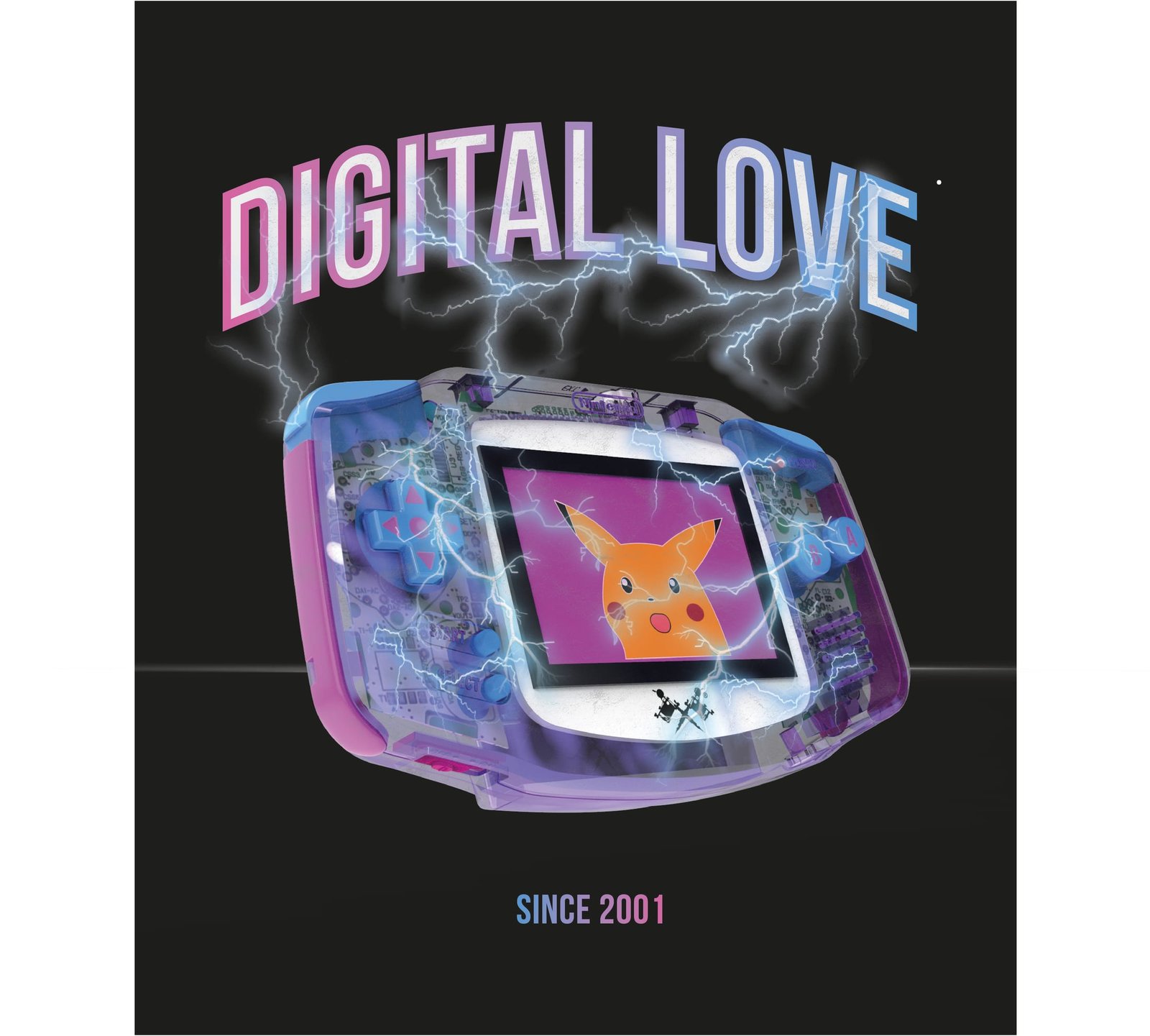 Poster Digital Love mit transparentem Game Boy Advance und Neon-Blitzen