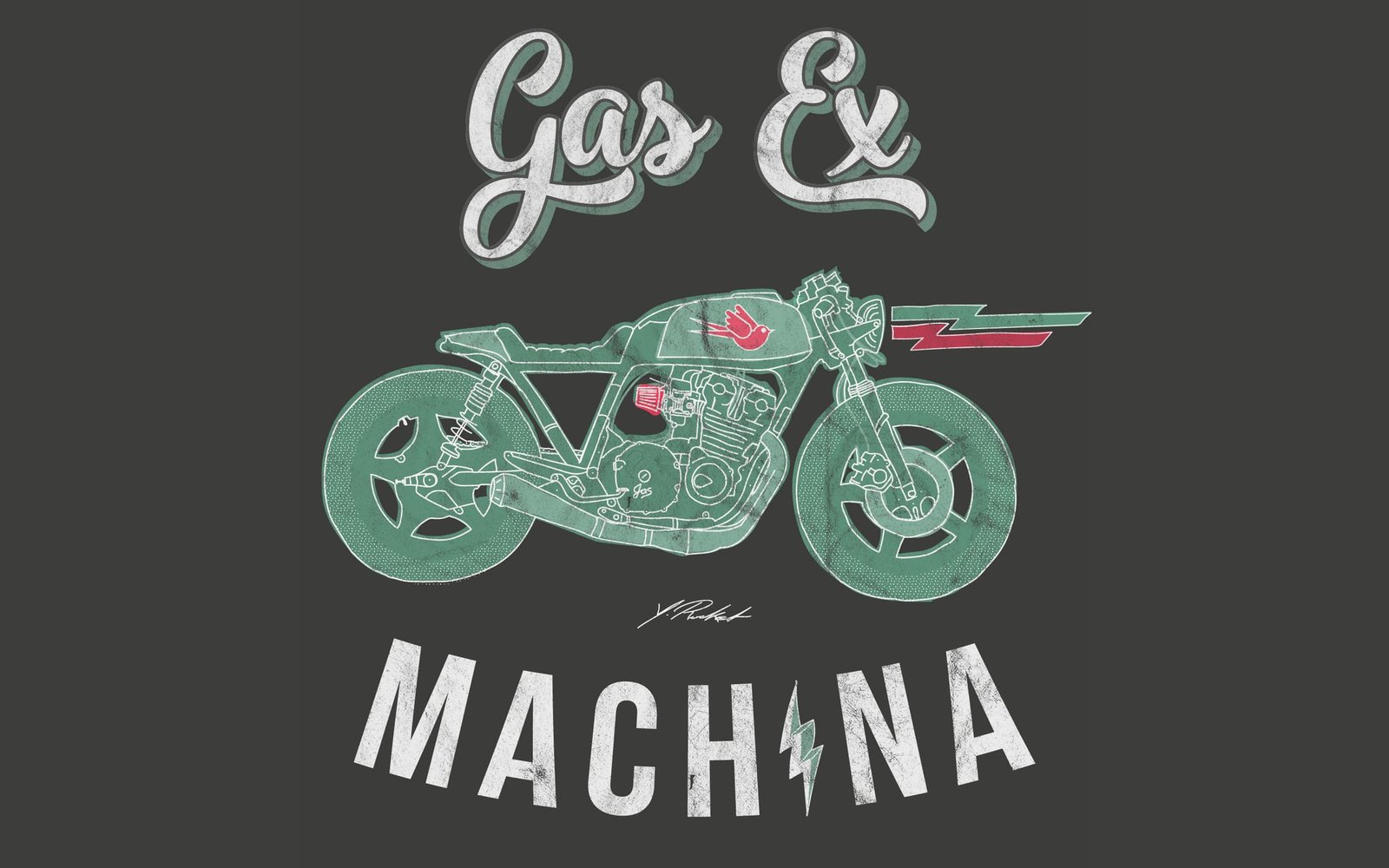 Vintage-Illustration eines Café-Racer-Motorrads mit Schriftzug Gas Ex Machina