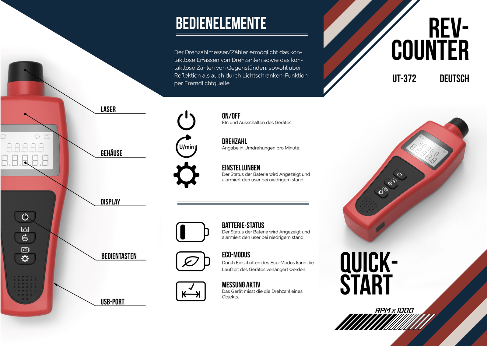 Aufgeklappter Quick-Start-Guide zum Drehzahlmesser UT-372